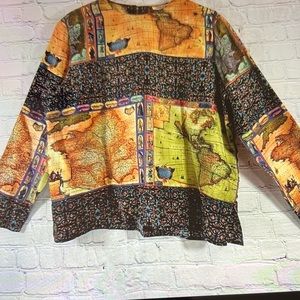 Vintage Nora Noh World Map 100% Silk Blouse Size L
